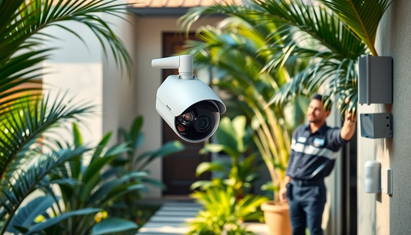 Instalación de cámaras de seguridad en una casa moderna, mostrando tecnología inteligente y servicio profesional.