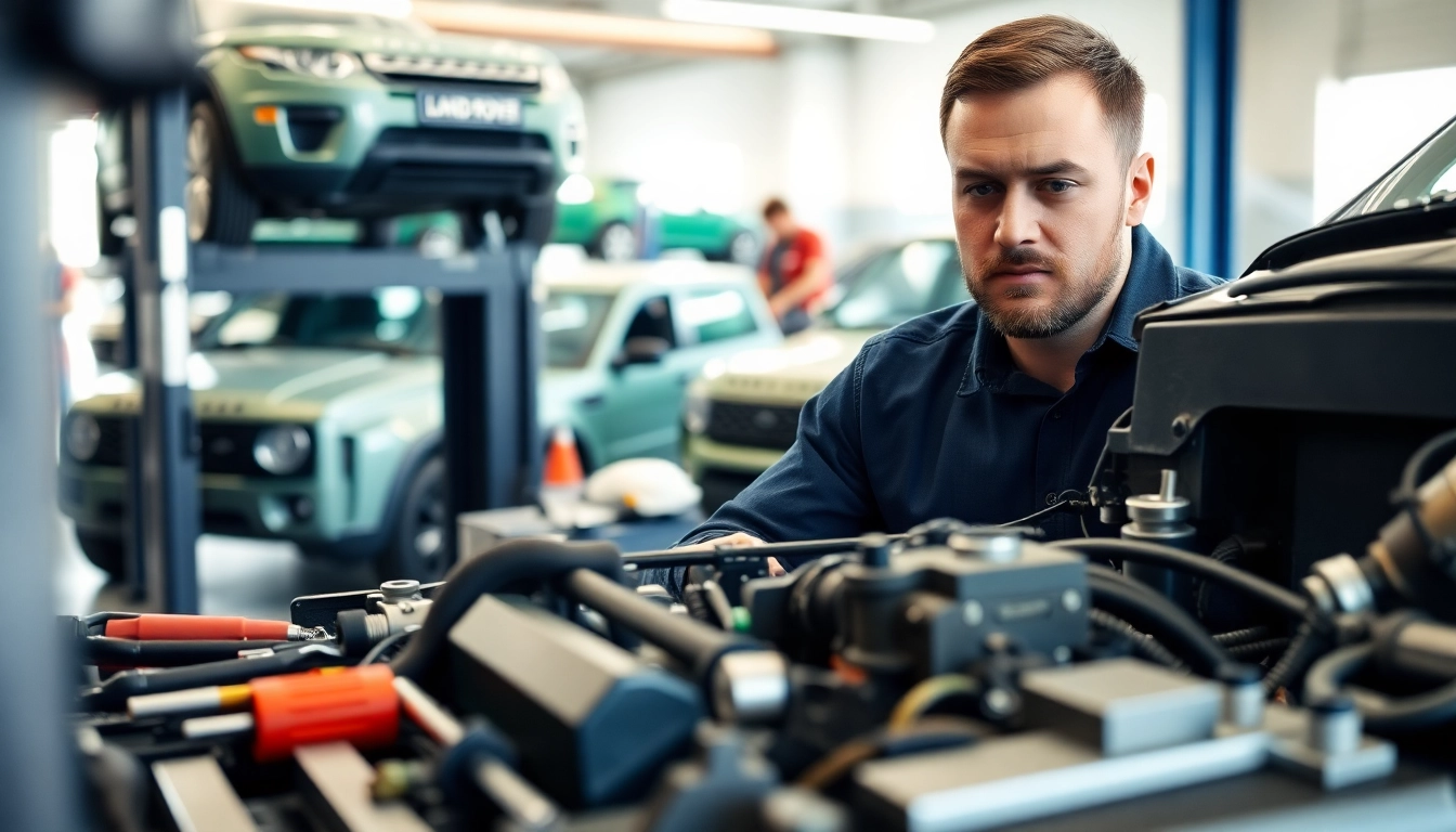 Kinghams mechanic repairing a Land Rover in a brightly lit workshop with tools.