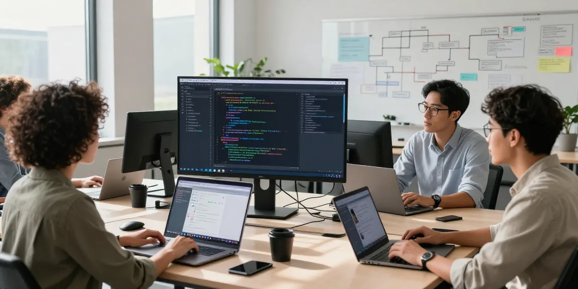 Team of developers collaborating in a tech workspace, focusing on WhatsApp下載.