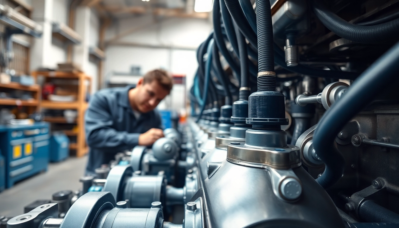 Hydraulic system maintenance technician inspecting equipment in a professional workshop.
