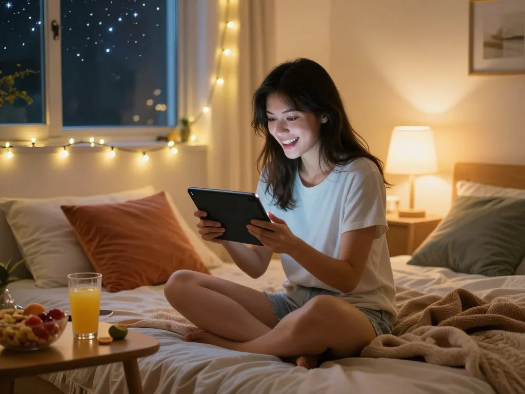 Engaged woman playing an xxx game on her tablet in a cozy bedroom.