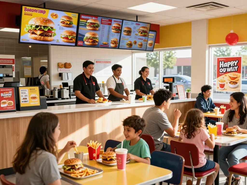 Fast food menu at a vibrant restaurant showcasing burgers, fries, and drinks.