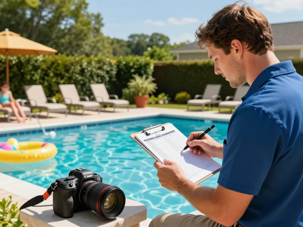 Dolphin Pool Services technician inspecting a family pool with professional equipment and electronic reports.