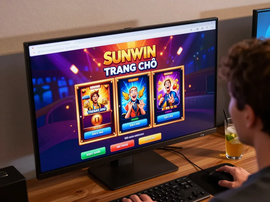 Engaging player exploring games on SUNWIN TRANG CHỦ online casino platform, showcasing vibrant slot graphics and cozy atmosphere.