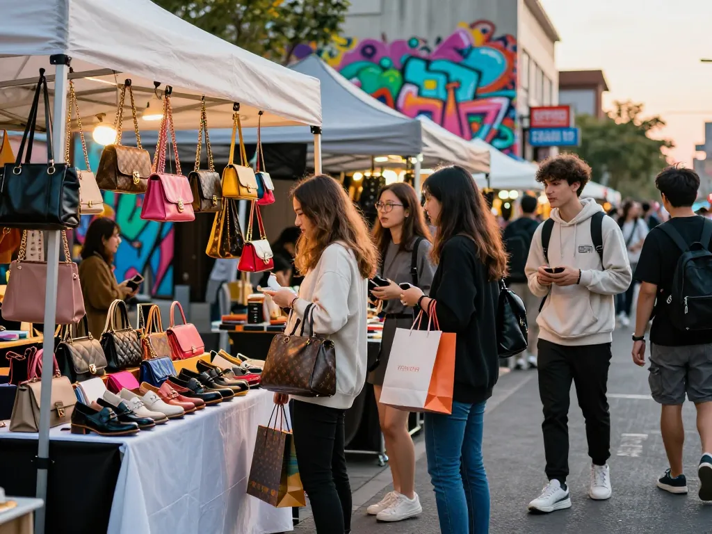 Experience vibrant street shopping at a 레플리카 사이트 showcasing trendy luxury replicas.