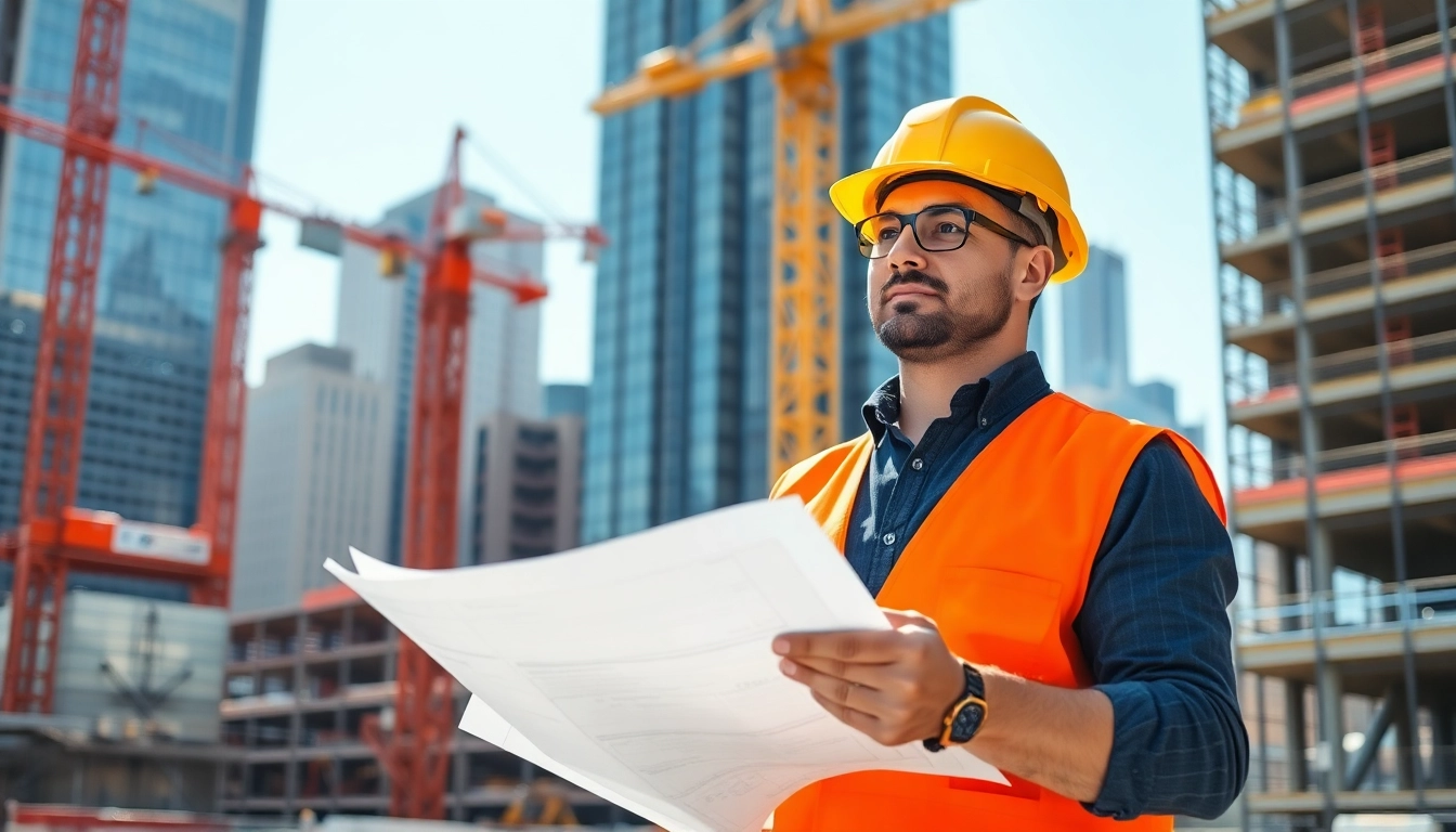 Manhattan Construction Manager coordinating a busy urban construction site with blueprints.