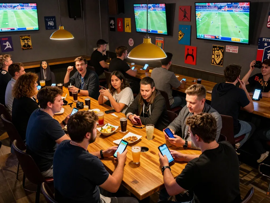 Okwintv sports betting action with friends placing bets at a vibrant sports bar atmosphere