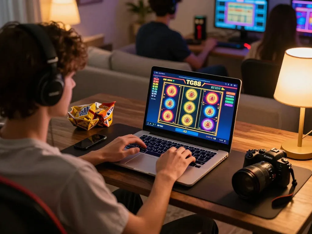 Player experiencing thrilling TG88 slot games on a laptop in a cozy home gaming setup.