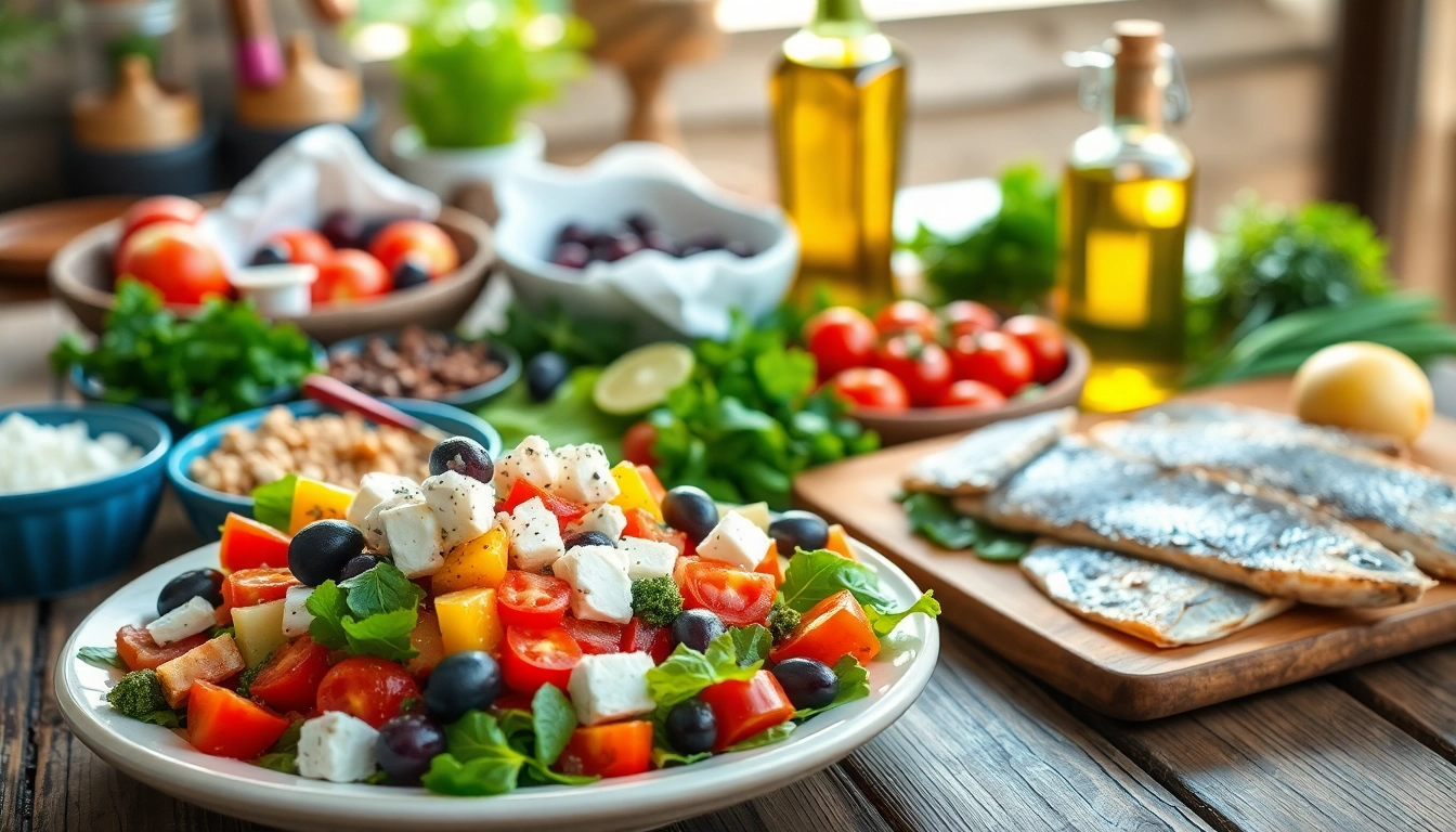 Delicious Mediterranean diet meal featuring fresh vegetables, fish, and olive oil.