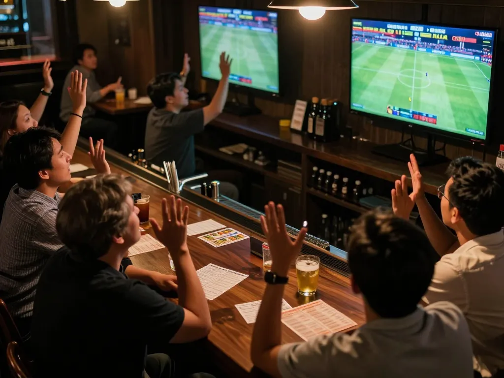 Bongdalu users engaging in sports betting with drinks and betting slips, watching live soccer matches in a lively bar atmosphere.