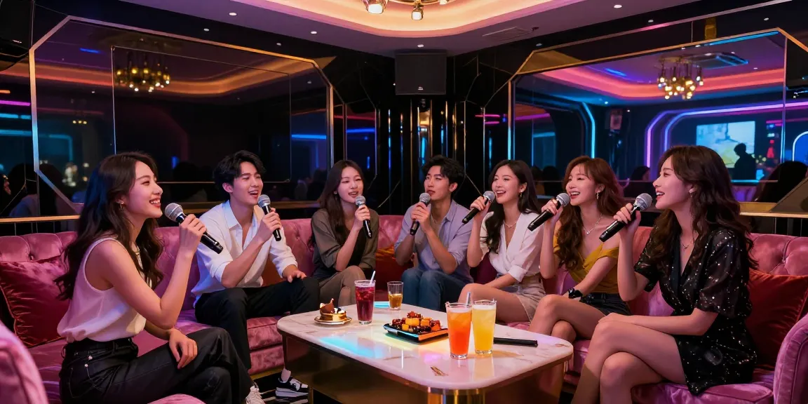 강남 가라오케 특별한 밤을 즐기는 친구들, 고급 인테리어와 조명이 빛나는 공간