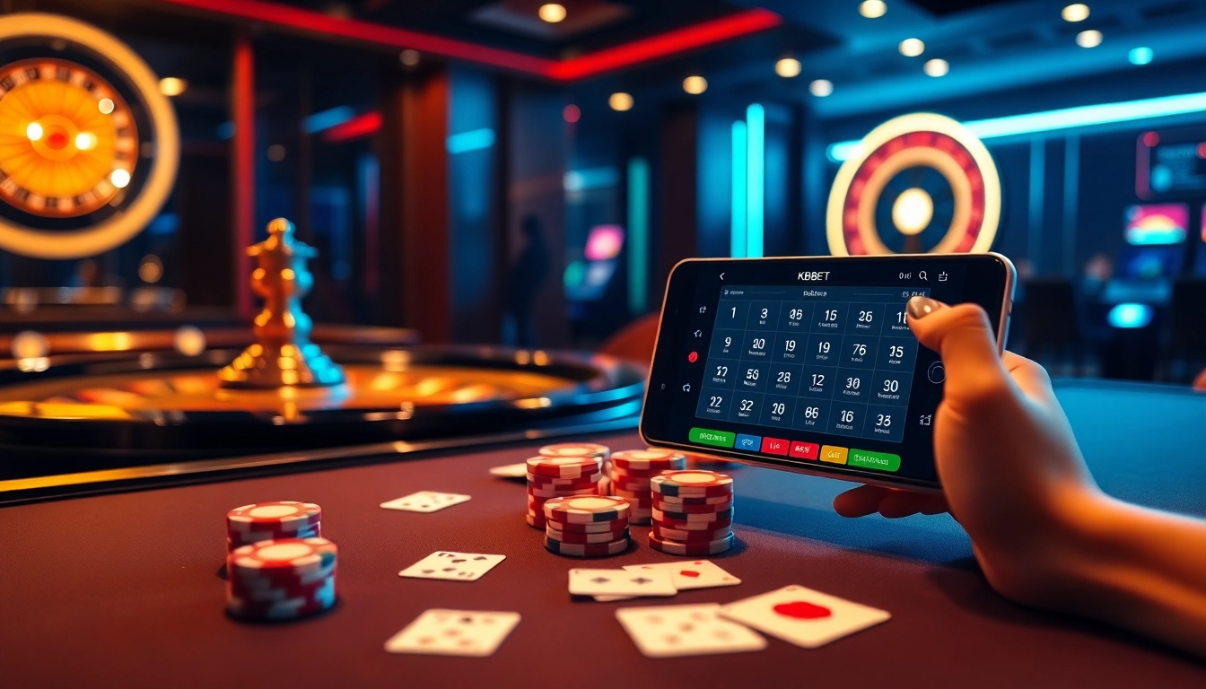 An engaging scene from nhà cái KBBET showcasing an online casino table with poker chips, cards, and a roulette wheel.