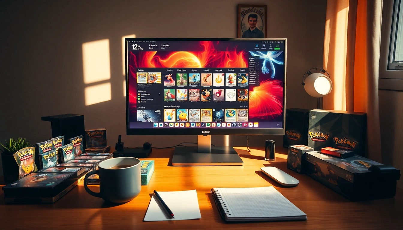 ポケモンカードと活気あるマーケットプレイスを背景に、オンラインオリパ おすすめを強調したオンラインカードゲームの設定