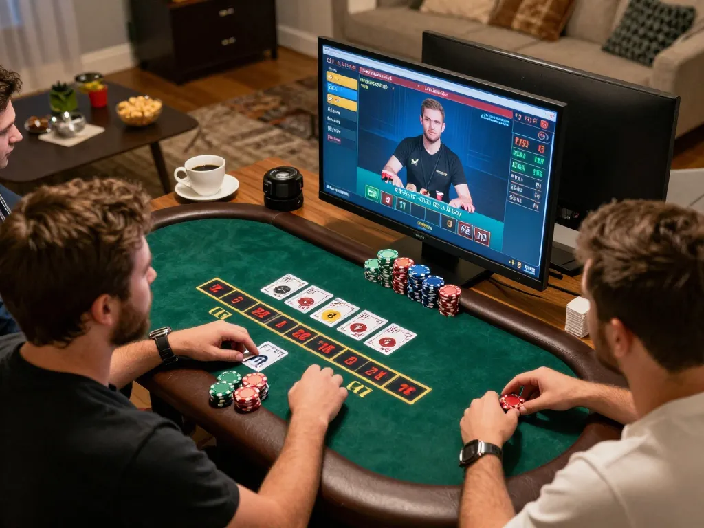 Players enjoying an engaging blackjack game on nhacaiuytin platform from home with warm ambiance