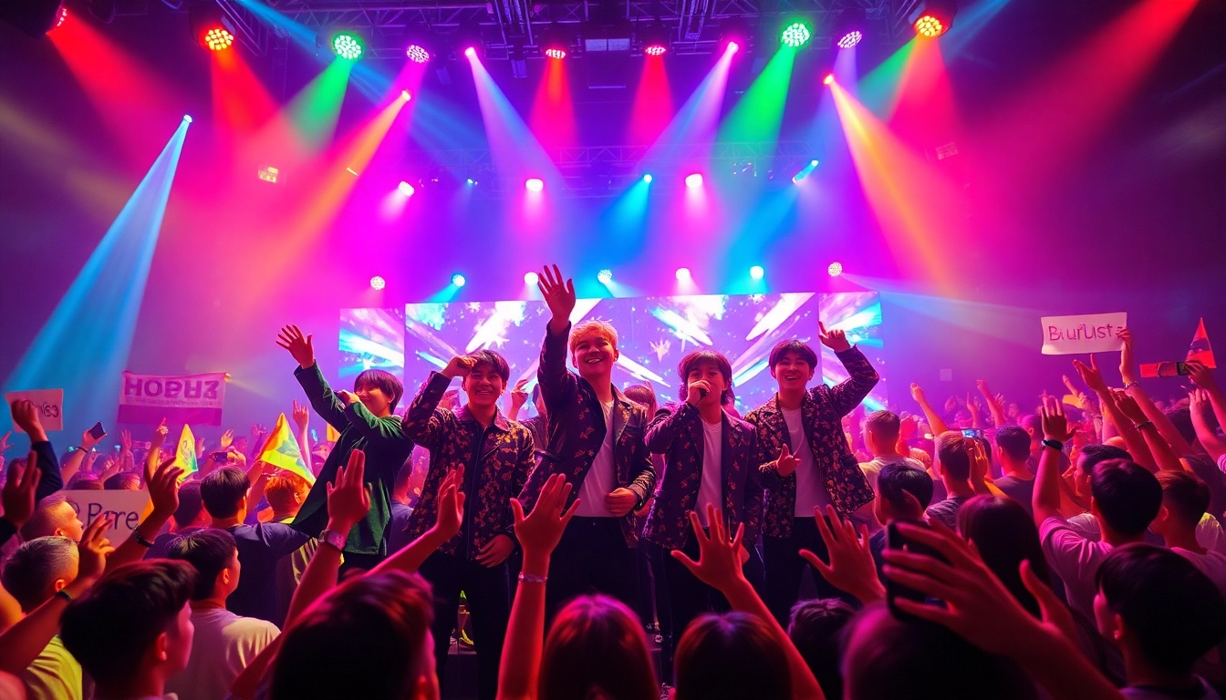 BTS news featuring a vibrant concert scene with members performing and fans cheering.