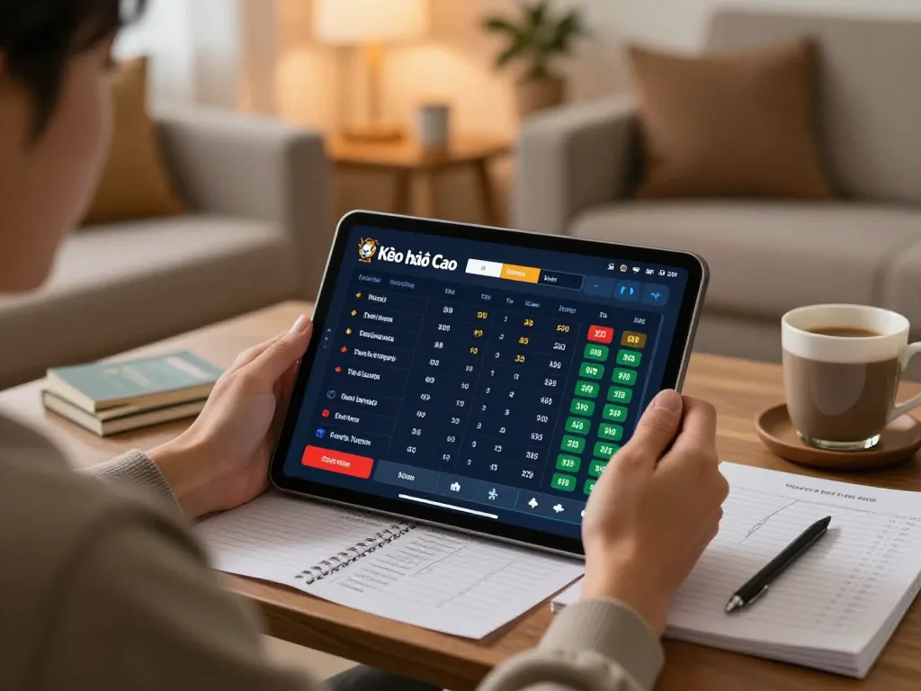 Kèo nhà cái player engaging in sports betting on tablet in a comfortable home setting.