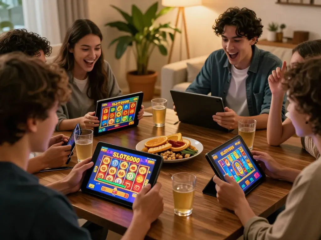 SLOT6000 online players enjoying a big win on vibrant slot game, friends gathered around excitedly.