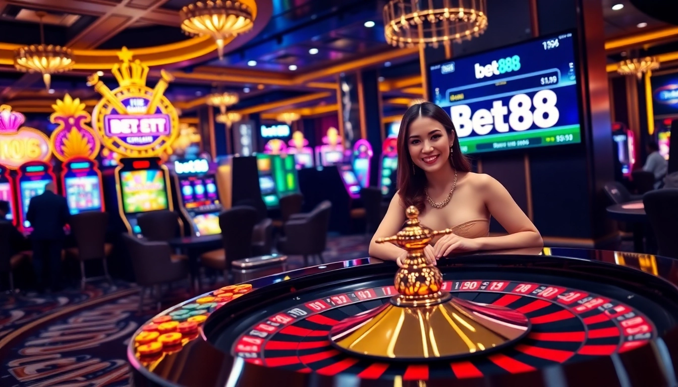 Bet88 players enjoying a thrilling roulette game in a luxurious casino atmosphere.