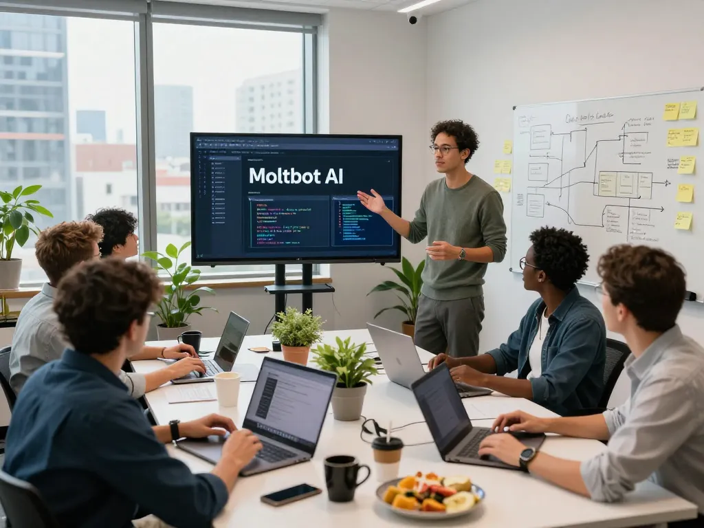 Team discussing Molt bot AI in a bright tech workspace with laptops and collaborative tools.