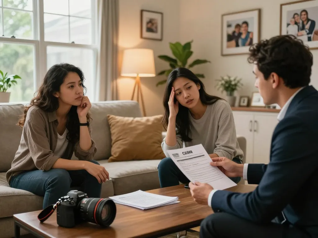 Cash home buyers consultant discussing offers with a happy couple in an inviting living room.
