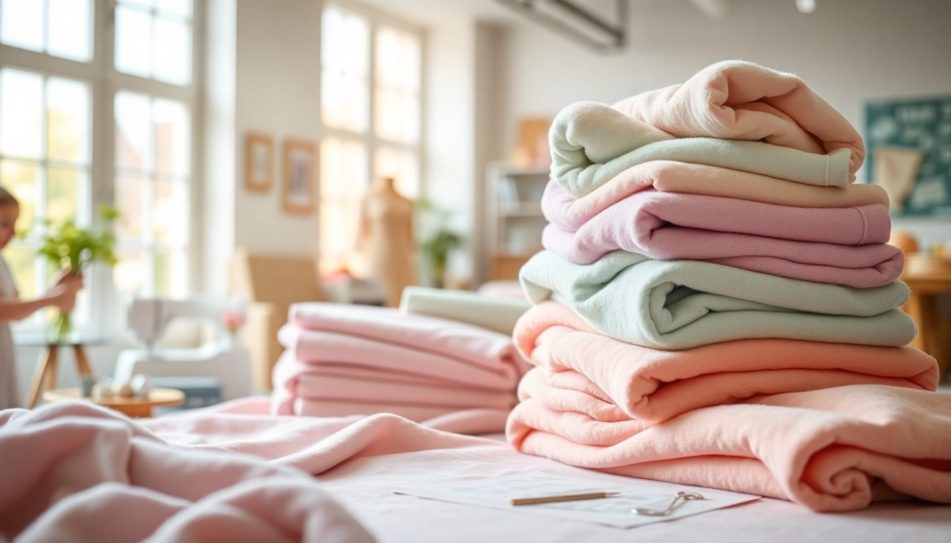 Fleece stoffen in pastelkleuren liggen netjes gestapeld in een gezellige atelier.