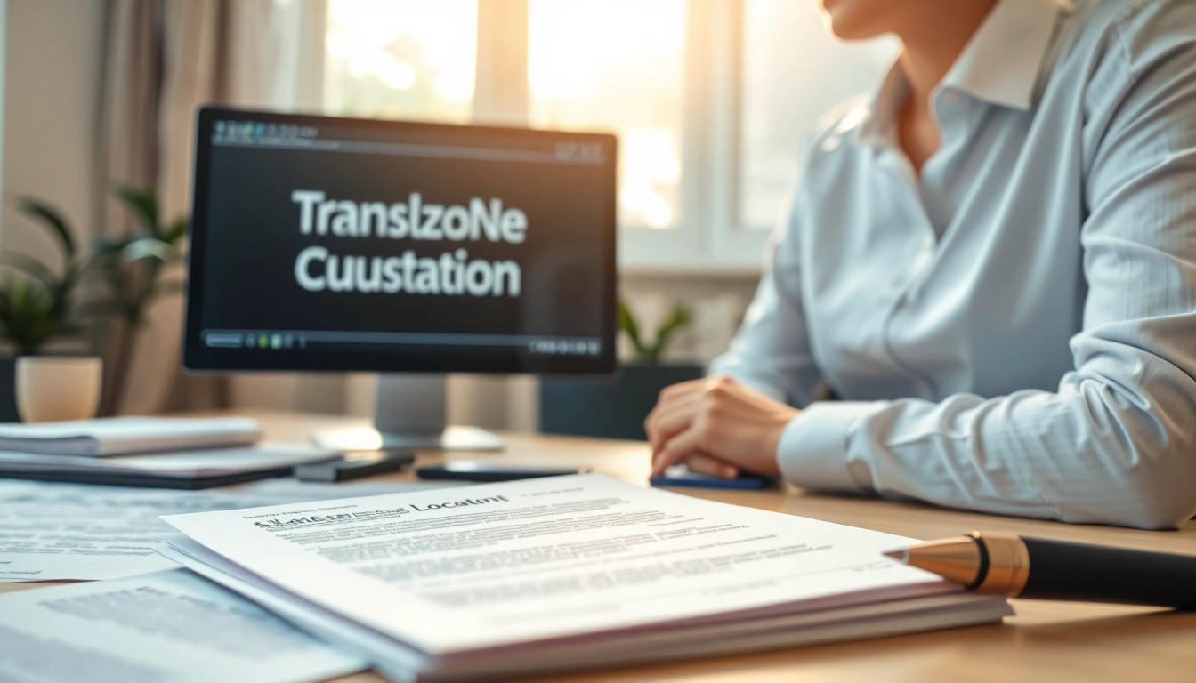 Traduzione giurata work environment with a focus on legal documents and translation tools.
