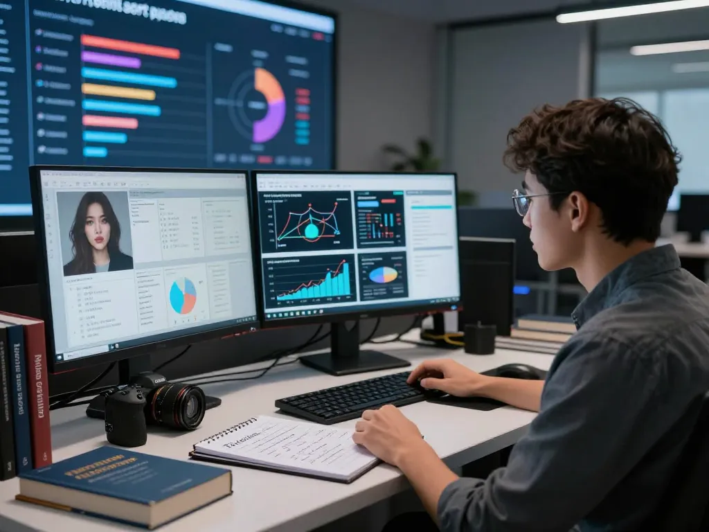 Researcher analyzing ethical implications of sex AI technologies in a modern workspace