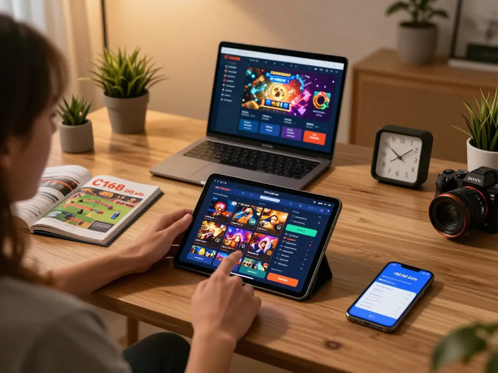 Player using the C168 nhà cái app on a tablet at home with notebooks and strategy guides visible.