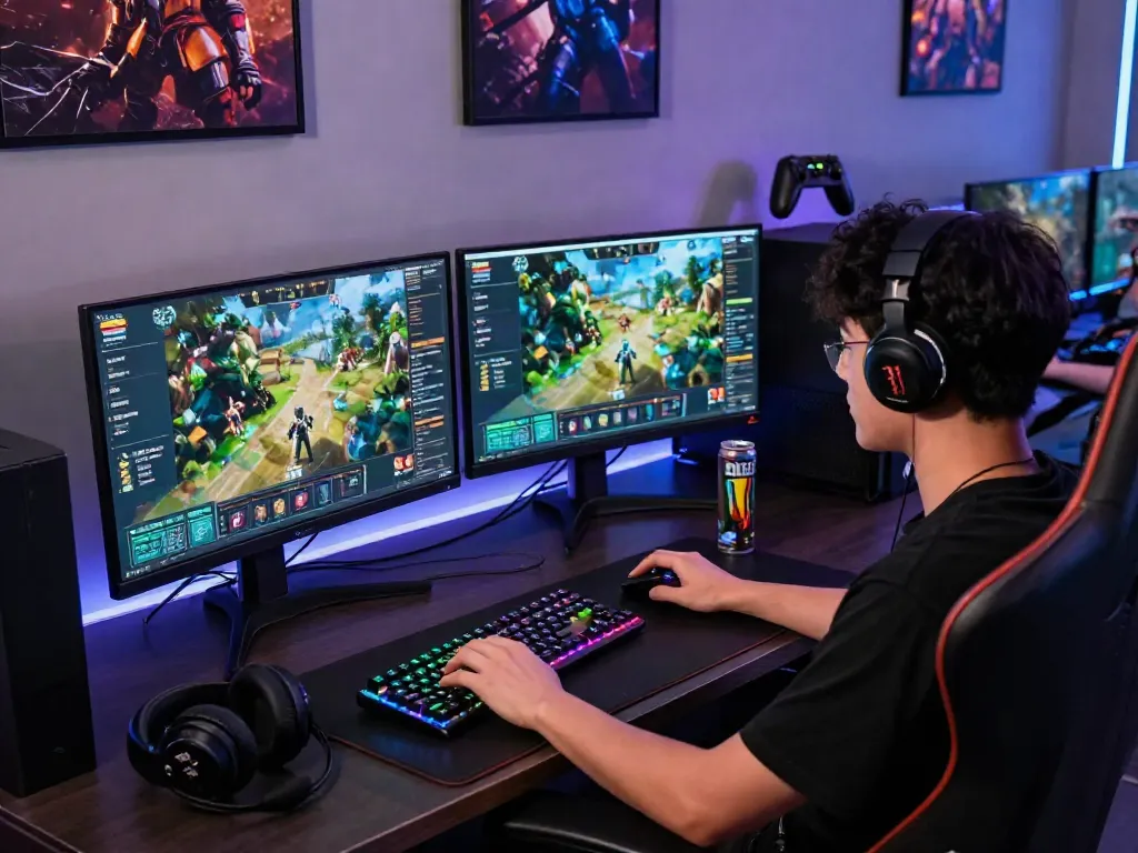 Gamer engaged in DJARUMBOS LOGIN at a sleek gaming setup, showcasing vibrant dual monitors and gaming accessories.