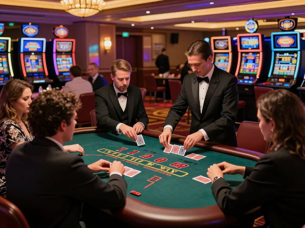 Players engaging at a blackjack table, highlighting sc8885 excitement and strategy in a glamorous casino setting.