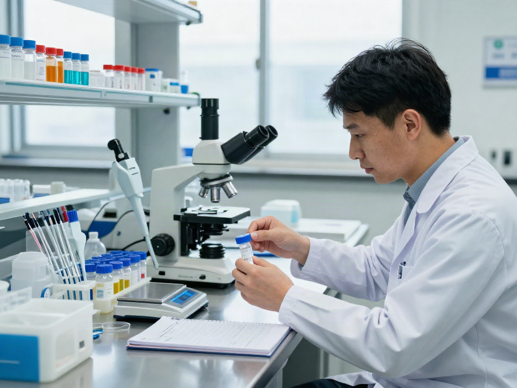 Researcher examining high-quality peptides in a professional lab focused on Swiss Chems products.