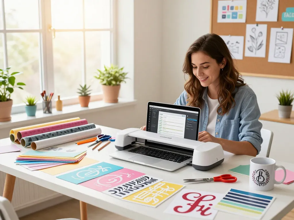 Youthful woman working with Cricut Design Studio in a colorful creative workspace, surrounded by craft materials and finished projects.
