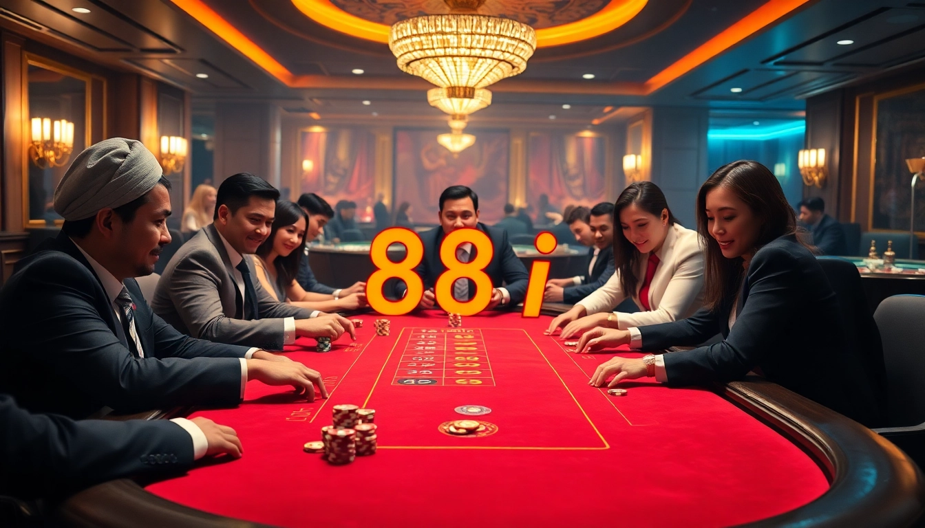 Players enjoying a high-stakes poker game at a casino table showcasing the elegant 88i design.