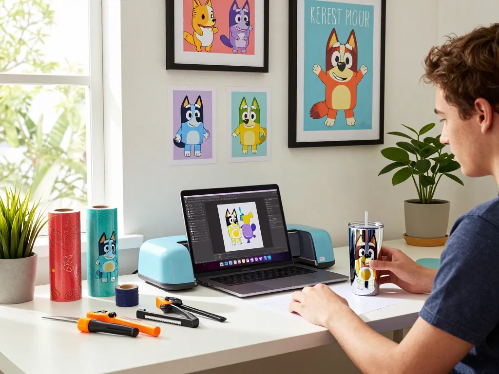 Designer creating customized SVG bundles for tumbler designs in a vibrant workspace, showcasing creative tools and finished projects.