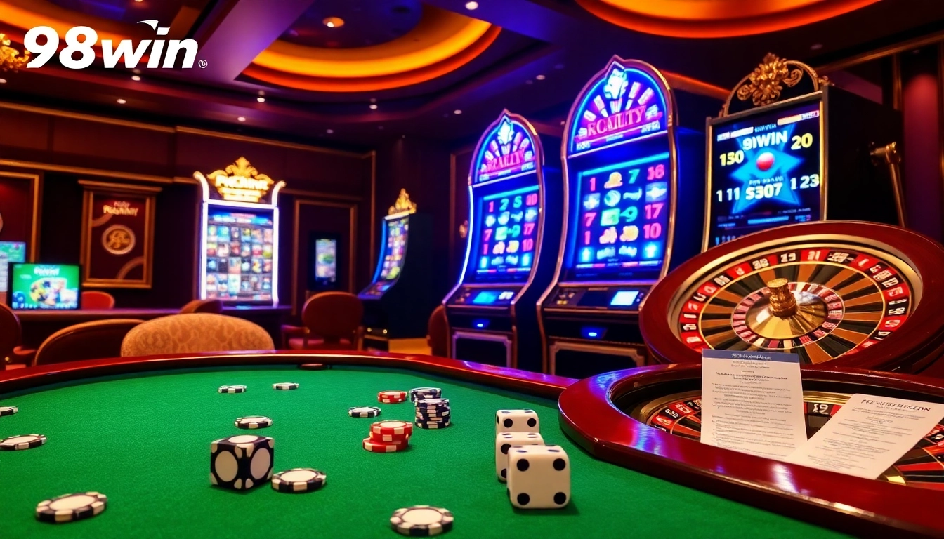 Experience thrilling online gambling at 98win with poker chips and a roulette wheel.