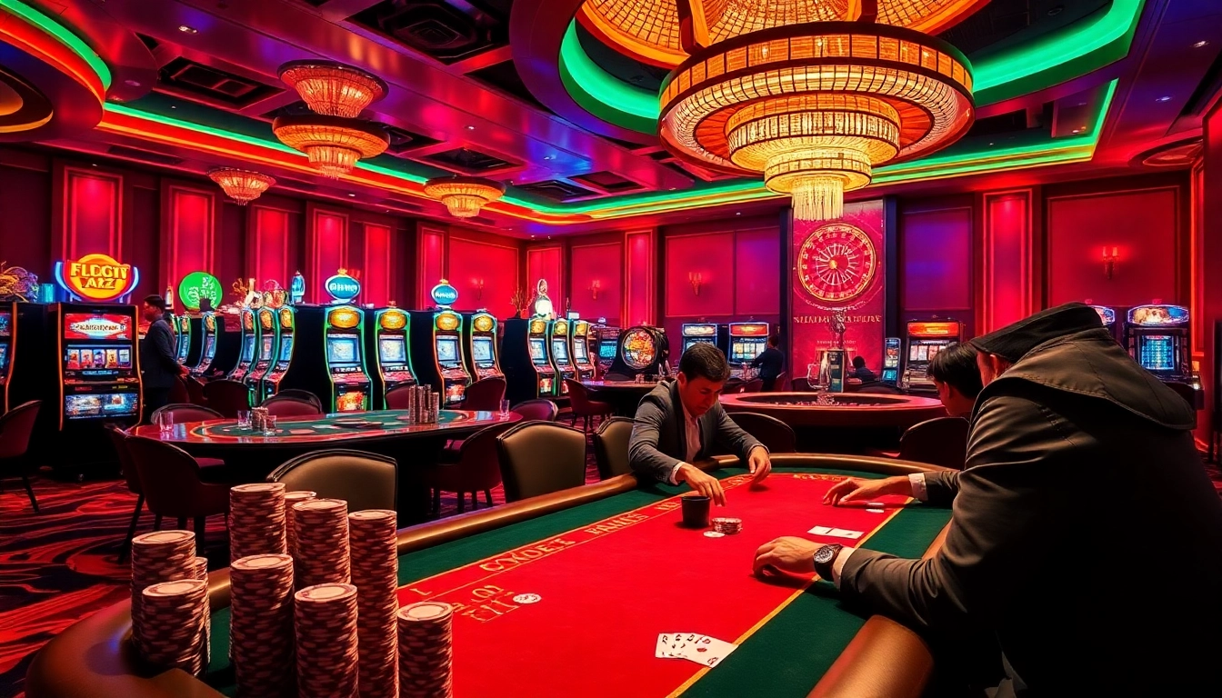 Players engaging in high-stakes gaming at https://luck882.co.com/, showcasing luxury and excitement in a vibrant casino atmosphere.