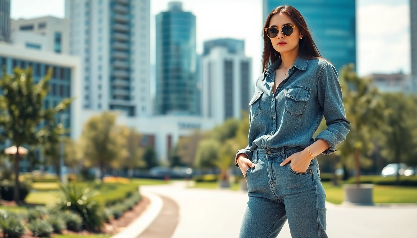 Young woman modeling stylish grey jeans women in an urban setting, showcasing modern casual fashion.