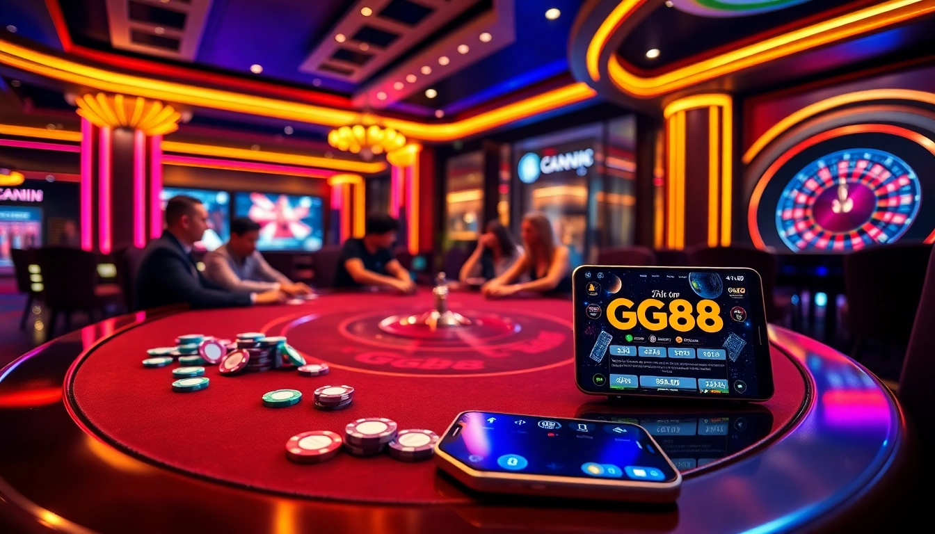 Gamblers playing poker with colorful chips at GG88's online casino interface.
