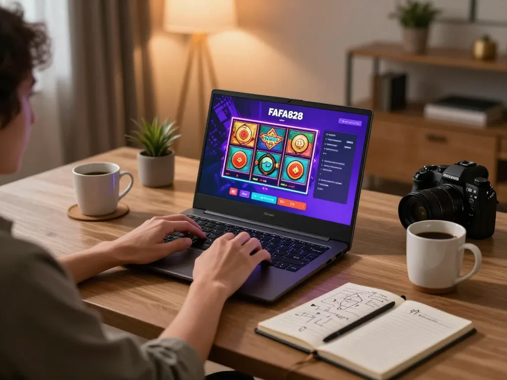 FAFA828 player engaging in online slots gaming on a modern laptop at home with strategy notes nearby