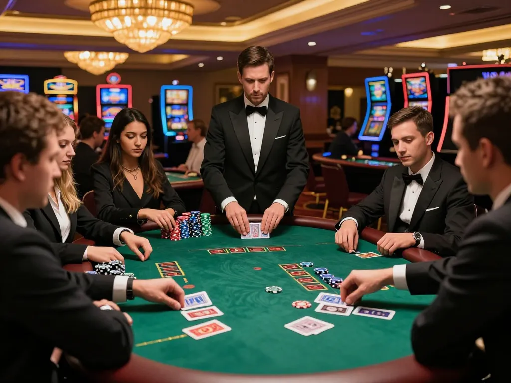 Players strategizing at a blackjack table in a lively casino setting with 28bet atmosphere.