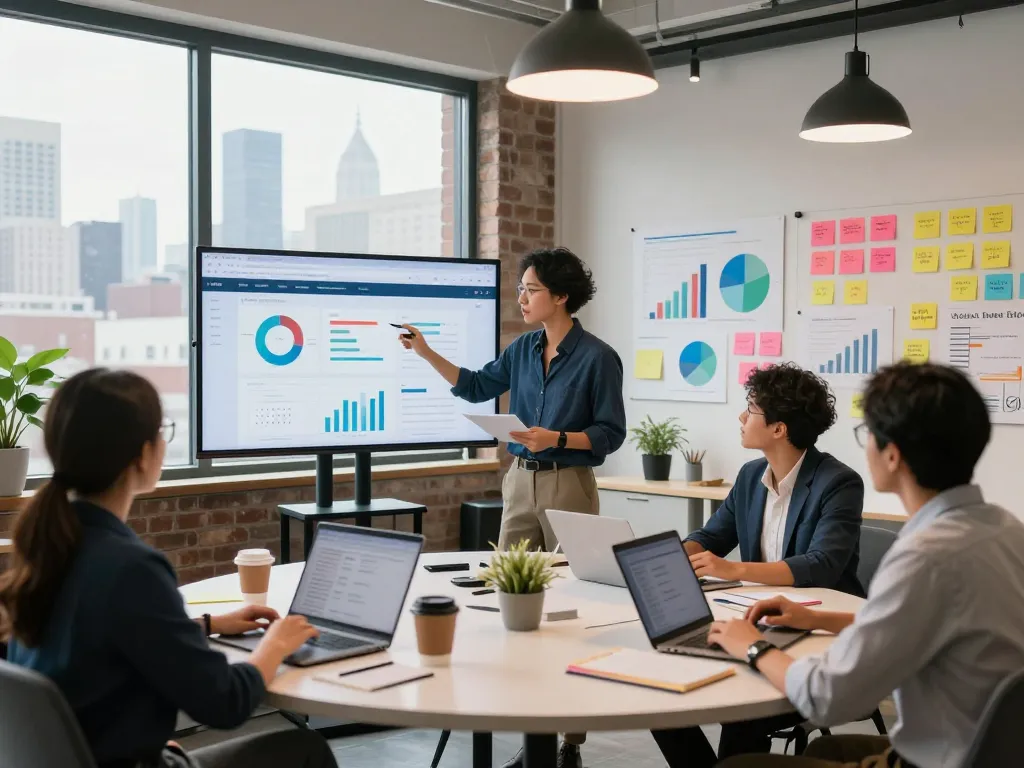 SEO strategist analyzing performance metrics in a vibrant NYC office, representing New York SEO Services.