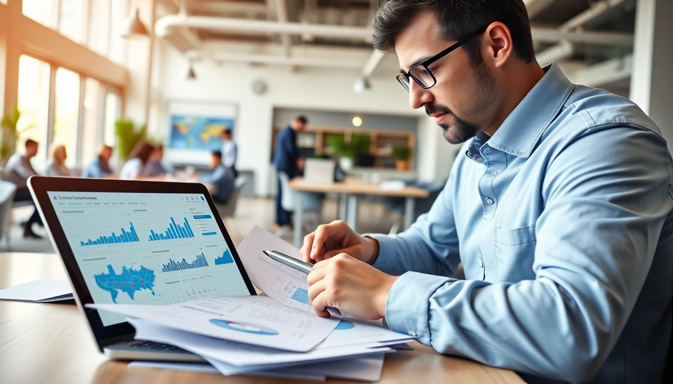 Consultant analyzing FCPA/DCAA/Flowdown/ITAR/EAR compliance documents in a modern office.