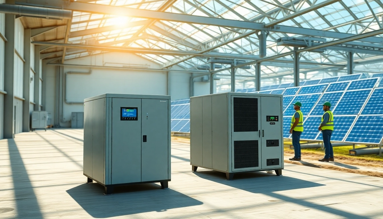 Commercial storage solution featuring modern battery cabinets and solar integration in an industrial setting