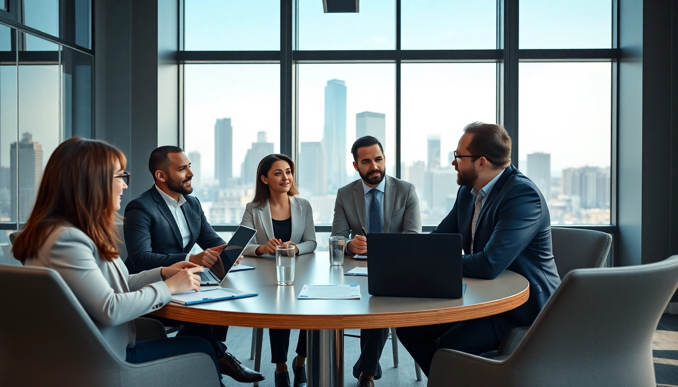 Leaders engaging in Leadership Communication during a strategic meeting in a bright, modern office.