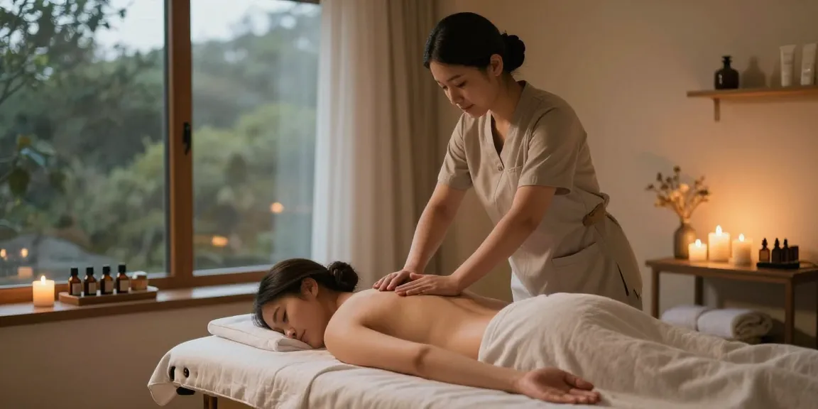 마사지 치료실에서 요법사가 고객에게 스웨디시 마사지를 준비하는 모습