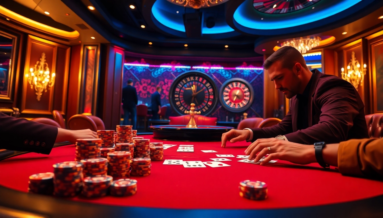 Engaging poker players at XX88 showcase high-stakes action in a luxurious casino setting.
