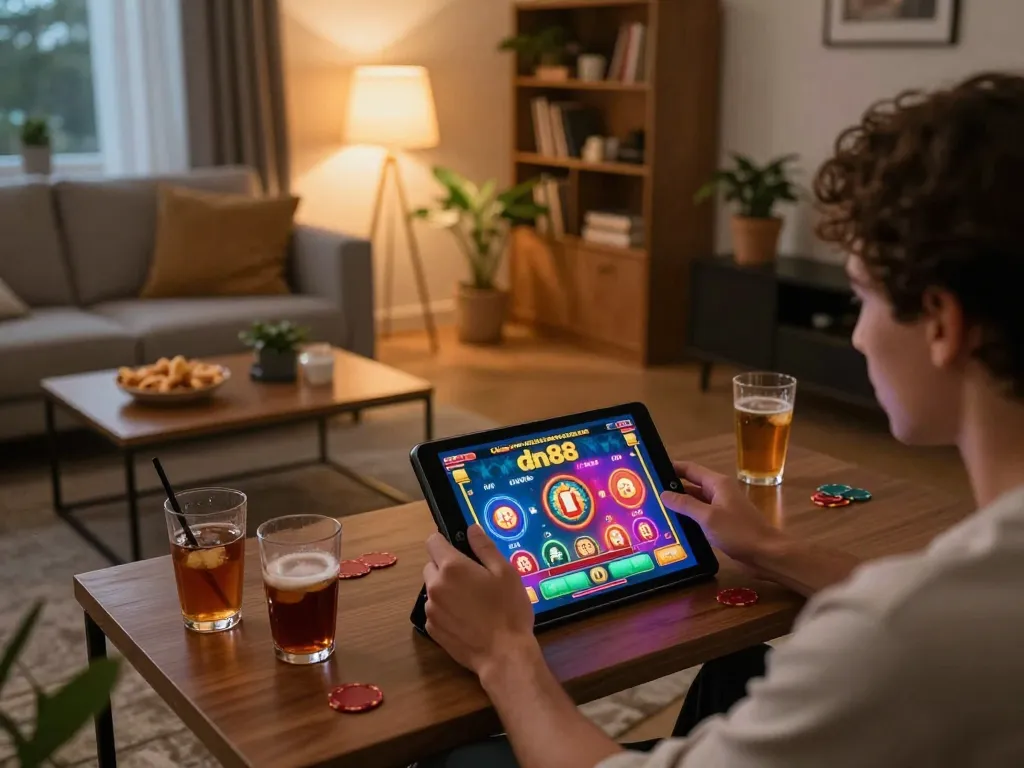 Engaging in thrilling gameplay at dn88 on a tablet in a cozy home setting.