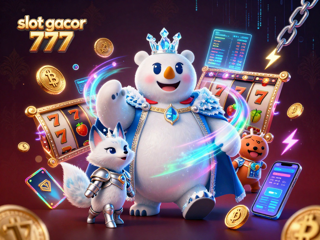 Experience exhilarating wins with slot gacor 777, featuring a vivid polar bear king surrounded by slot symbols and cryptocurrency elements.