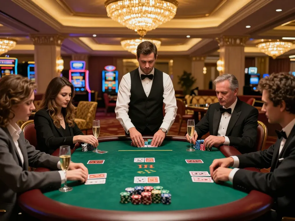 Poker action at a VIP table featuring players engrossed in the game with VIPWIN cards and chips in view.