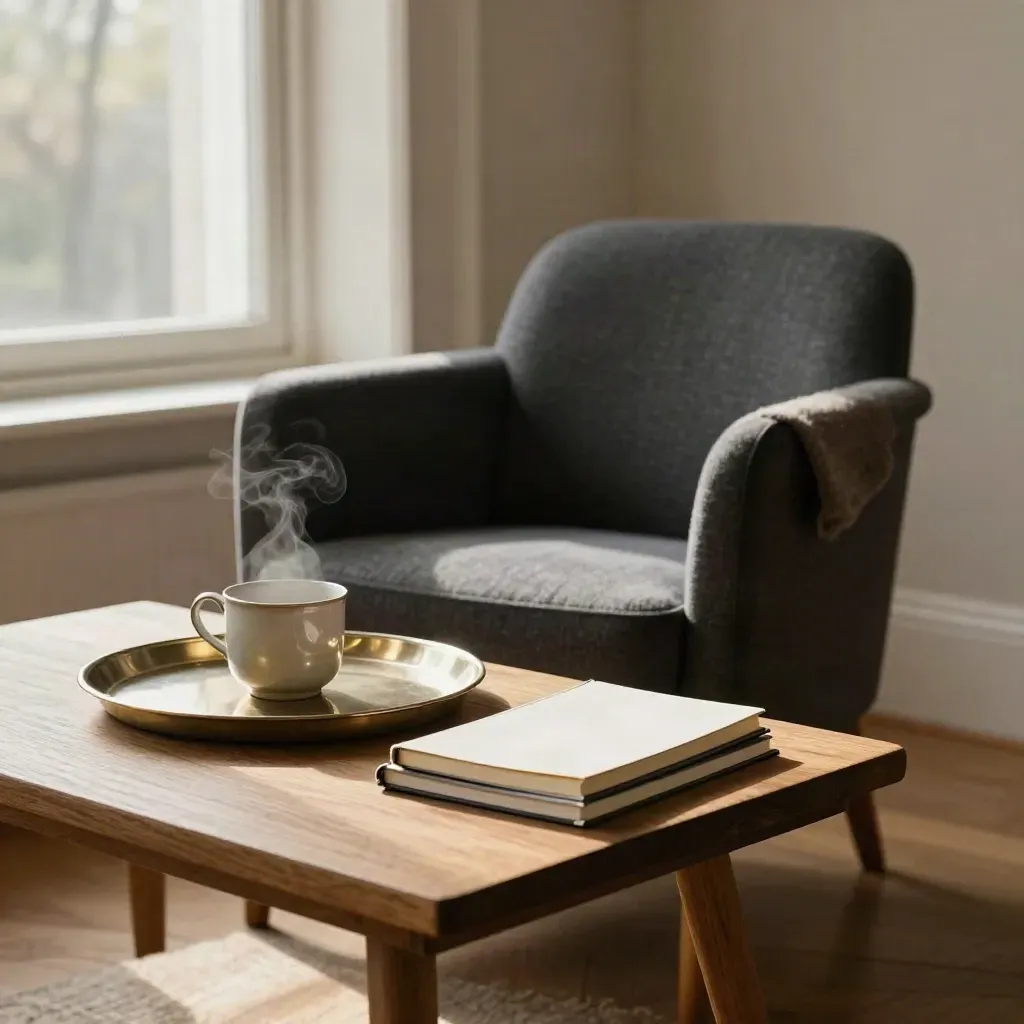 Quiet coaching corner with club chair, tea tray, notebooks, and warm window light.